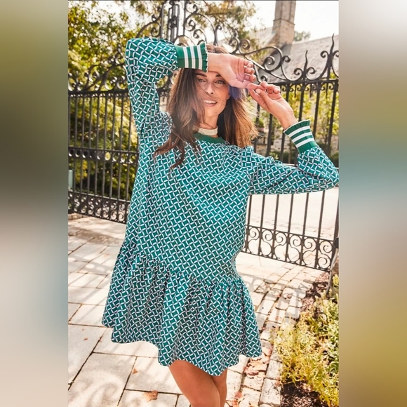 Addison Bay Long Sleeve Vine Dress: Geo Trelis- Green/Pink/Teal - Picture 13 of 15
